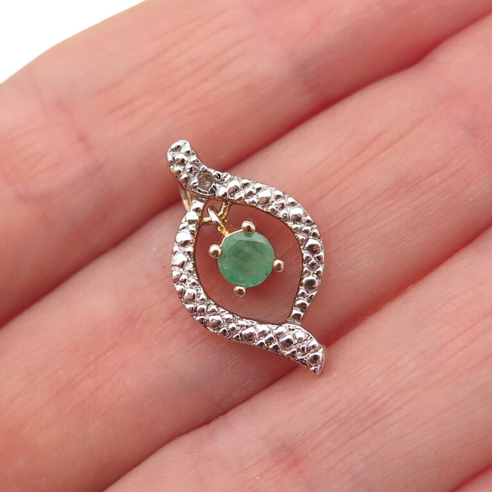 Dee Berkle 925 Sterling Silver 2-Tone Real Diamond & Emerald Slide Charm Pendant